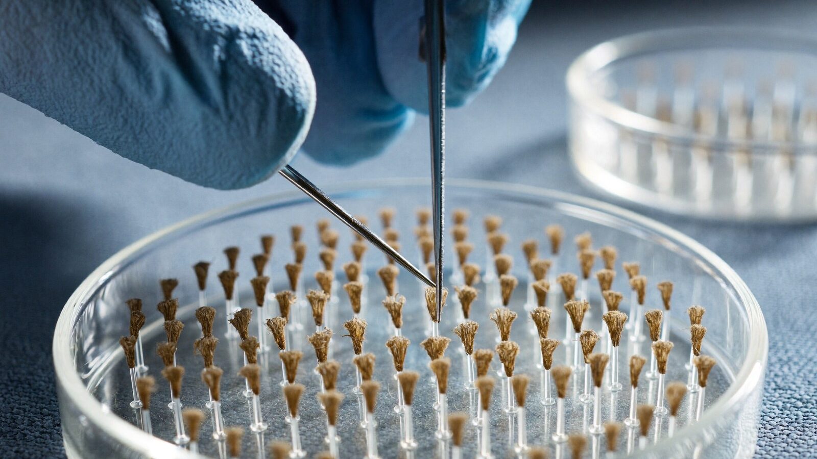 Gloved hand using fine forceps to lift a hair graft from rows of grafts in a petri dish