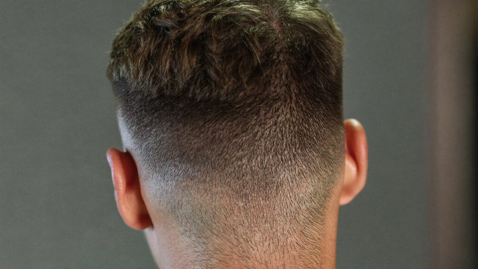 Back of a man's head showing dense, healthy short donor hair and a tapered fade