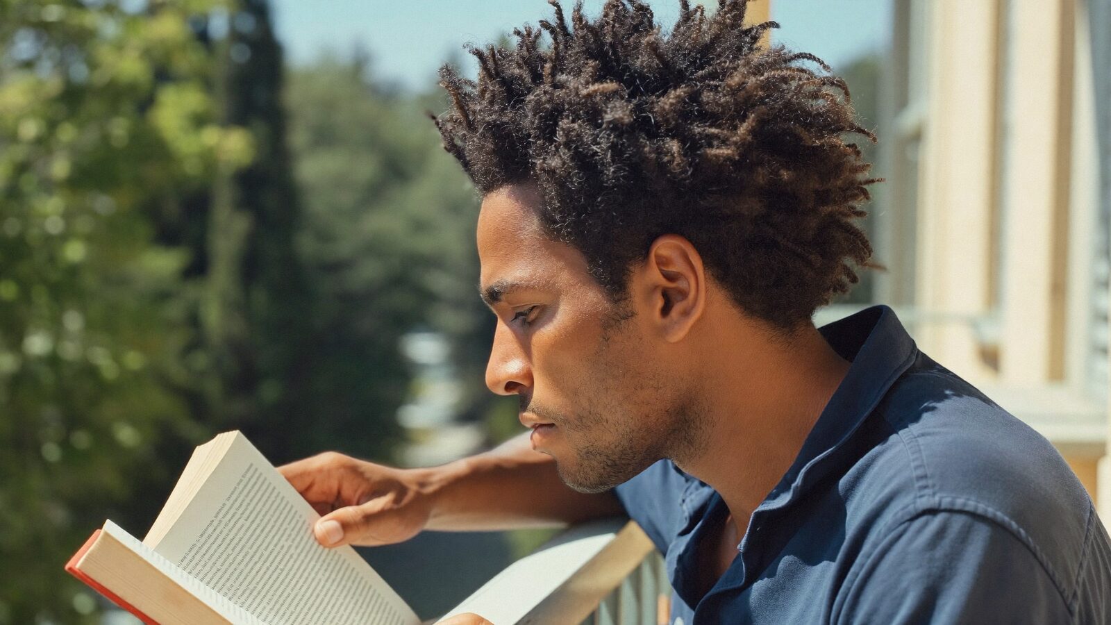Man with full, textured curly hair reading a book on a sunny balcony