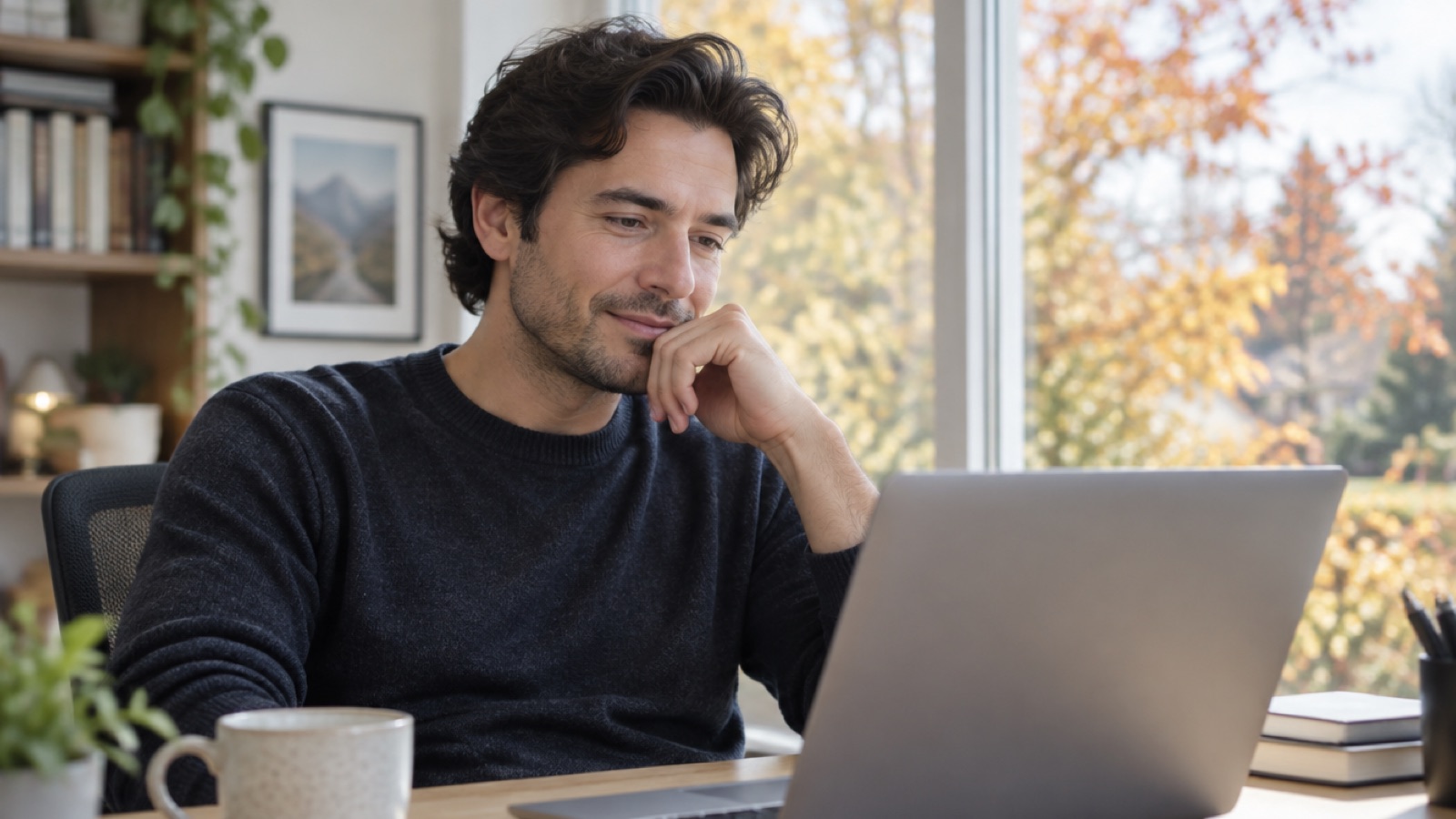 Man in his thirties with full, natural dark hair working at a laptop by a bright window