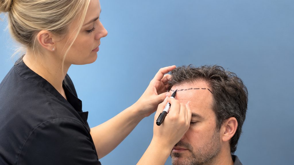Nova Medical team member marking a patient's new hairline before a DHI hair transplant at Nova Medical Boston