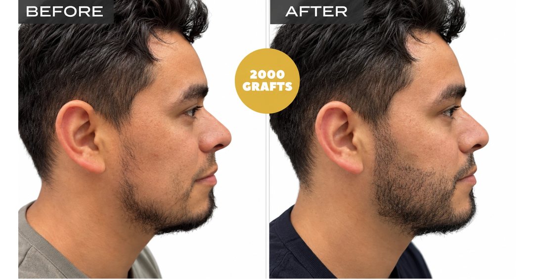 Beard transplant filling the cheek and jawline with 2,000 FUE grafts, side view - hair transplant before and after at Nova Medical Boston