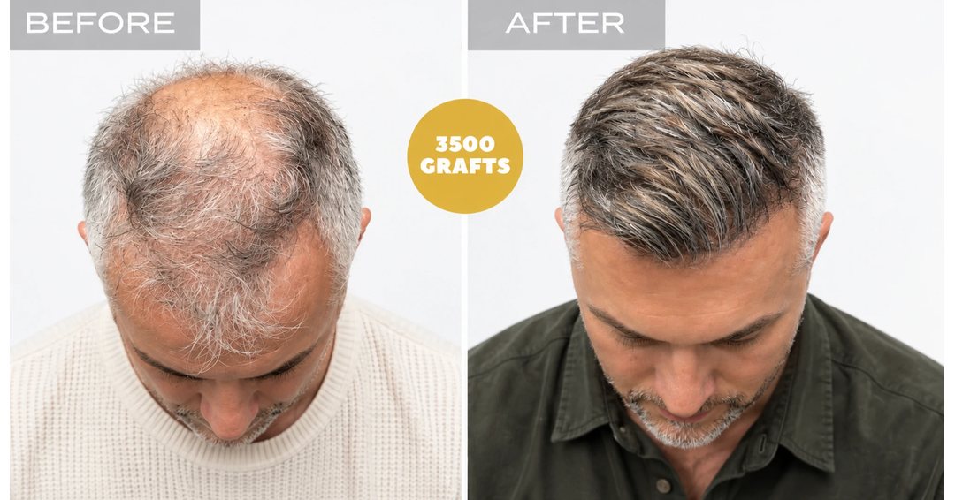 Crown and top-of-scalp density restoration with 3,500 FUE grafts - hair transplant before and after at Nova Medical Boston