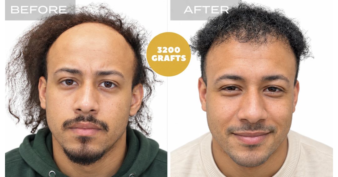 Curly hair hairline rebuilt with 3,200 FUE grafts, front view - hair transplant before and after at Nova Medical Boston