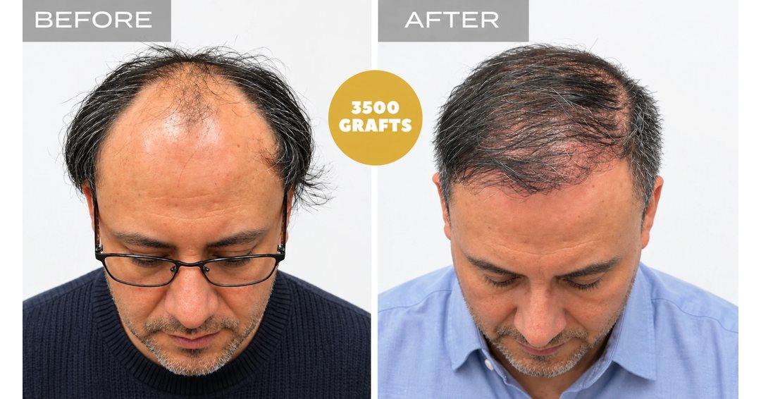 Frontal and mid-scalp restoration for advanced thinning with 3,500 FUE grafts - hair transplant before and after at Nova Medical Boston