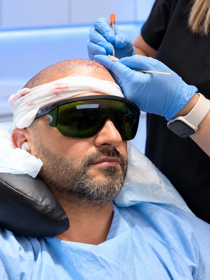 Nova Medical team member treating a patient's scalp during a PRP hair restoration session at Nova Medical Boston